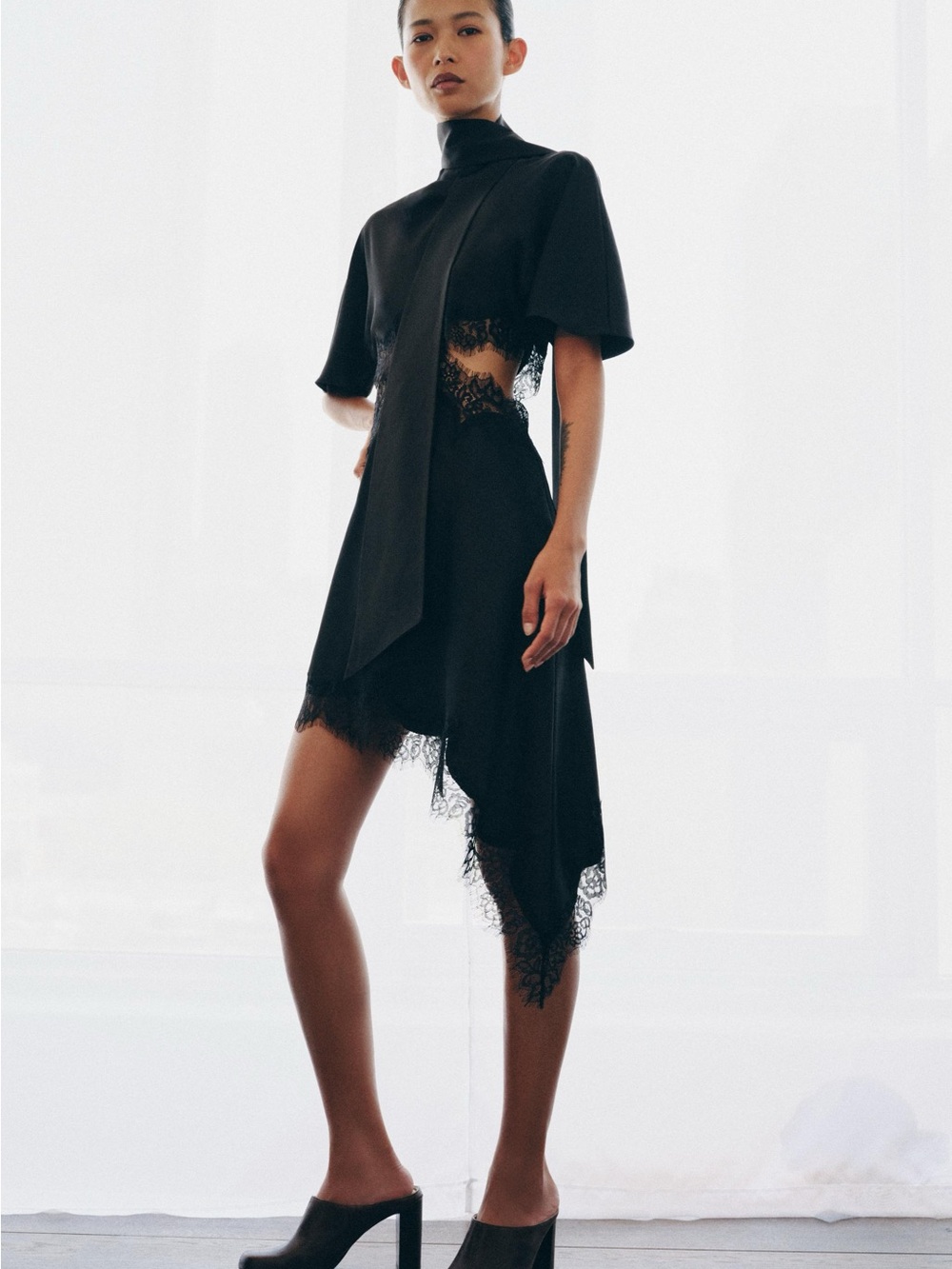 Zara Black Asymmetric Lace-Trim Skirt